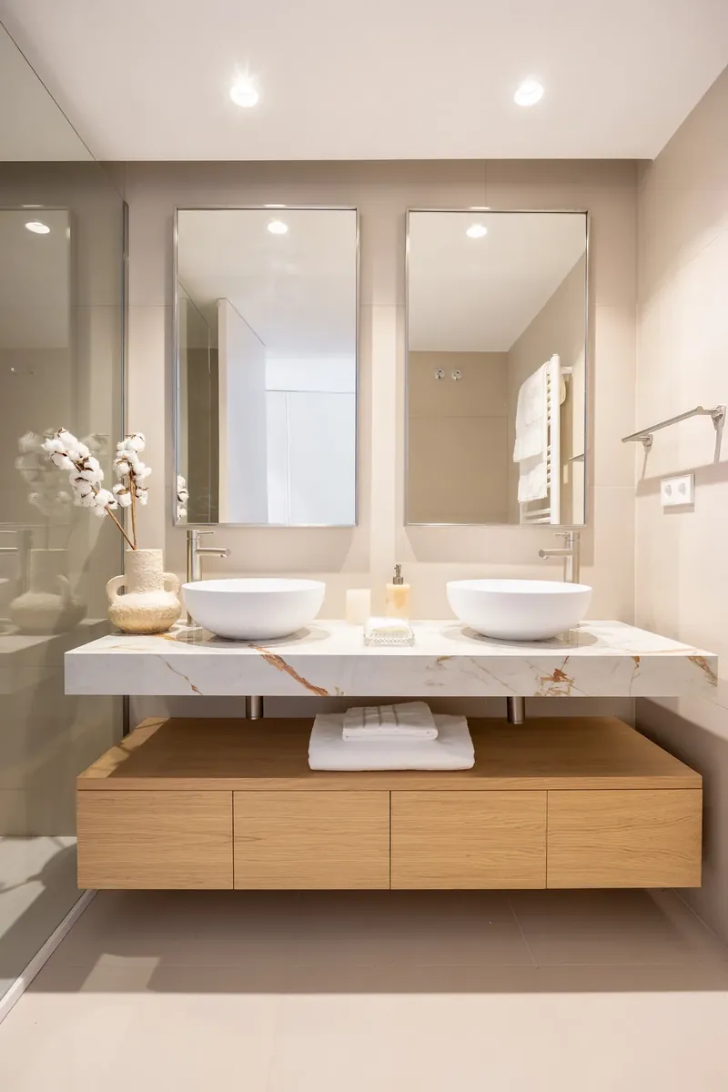 Mueble de baño suspendido de roble con doble lavabo